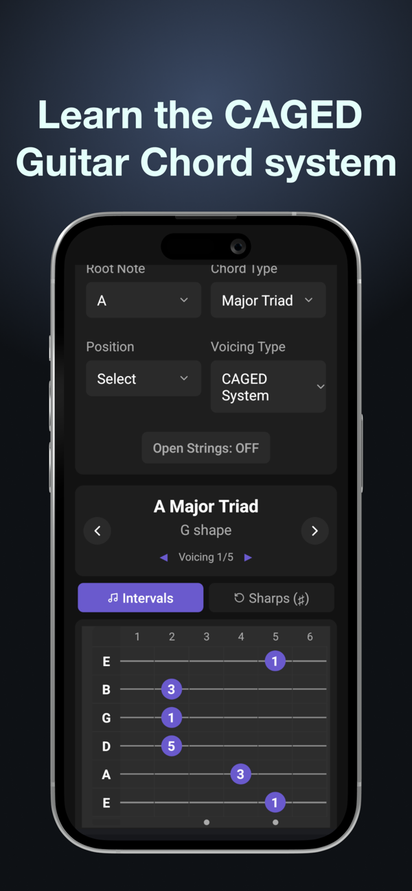 Chordz app screenshot showing CAGED guitar chord system on a fretboard