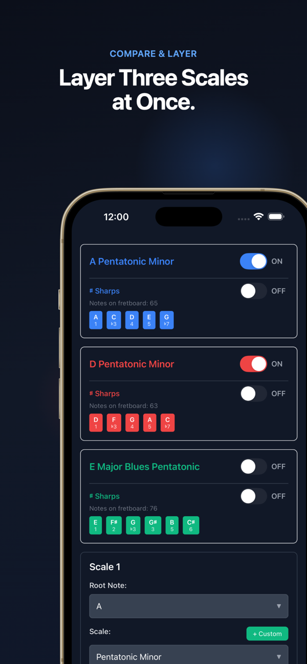 Guitar & Bass Scales app screenshot showing layered scale visualization on the fretboard