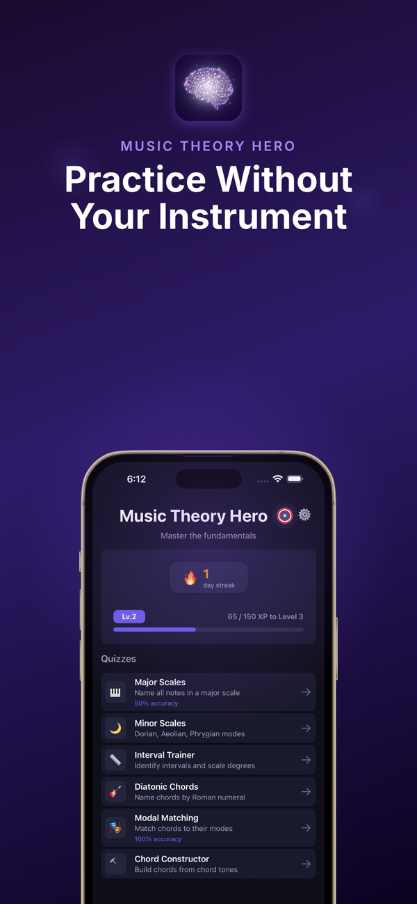 Music Theory Quiz Hero app screenshot showing quizzes, streaks, and mental practice tools