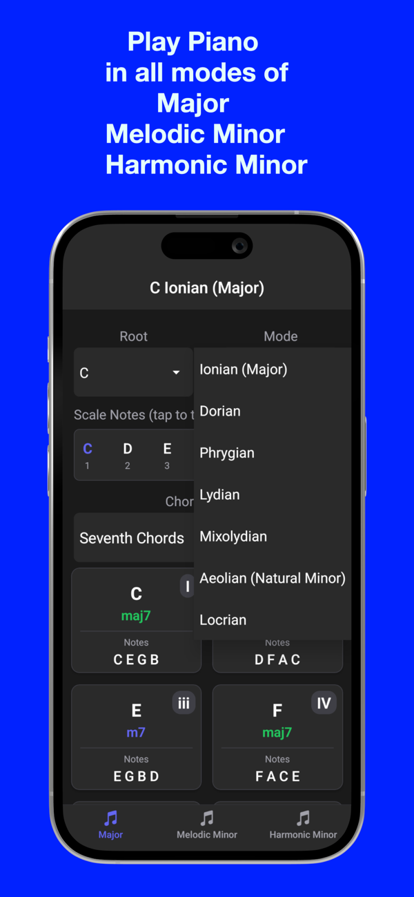 Worship Chords app screenshot showing piano modes and chord voicings